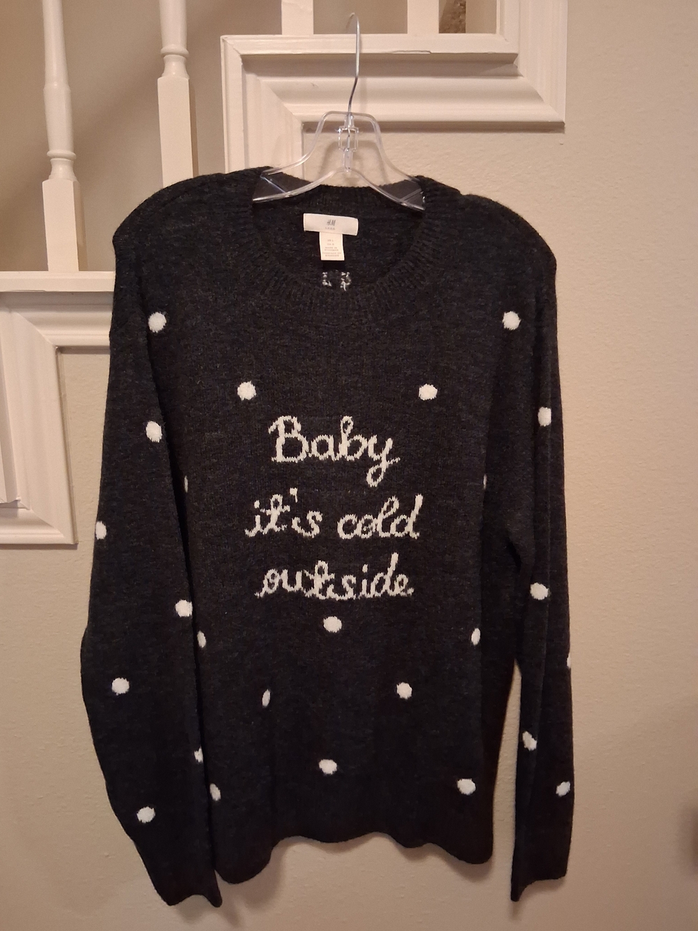 H&M Dark Charcoal Gray Sweater with White Polka Dot Text